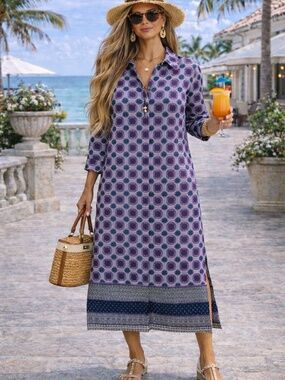 Chicos Boho Print Shirt Dress Size 3 Button Front Midi Resort 3/4 Sleeve